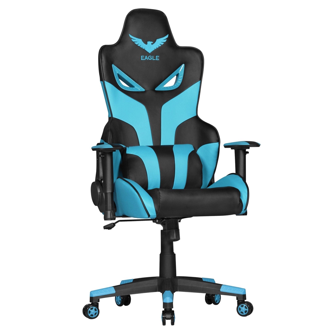 Silla Gaming EAGLE, Respaldo Reclinable, Cojín Lumbar, en Piel Negro/Azul