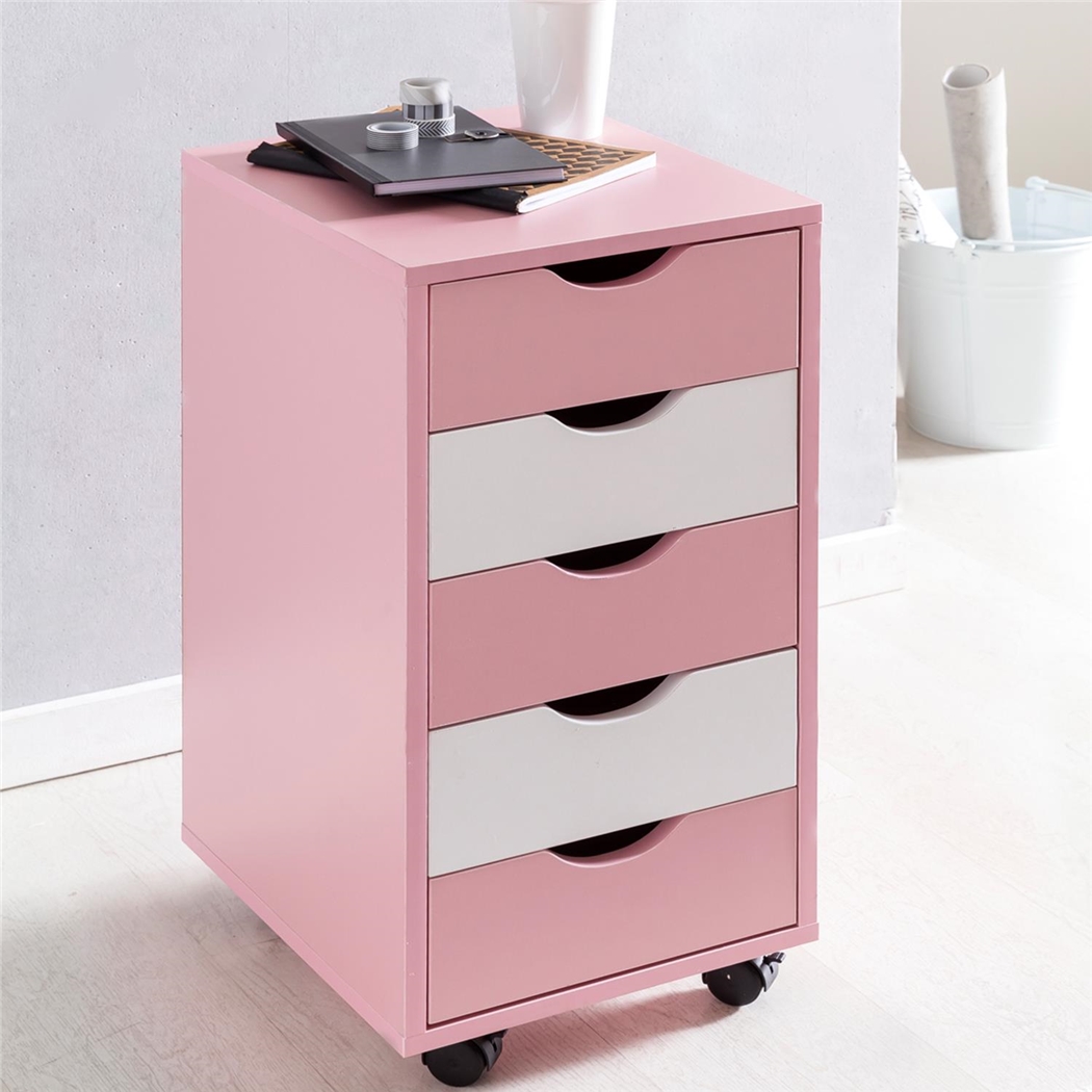 Archivador con Ruedas CLOVER, 5 Cajones, Dimensiones 33x38x68 cm, Color Rosa y Blanco