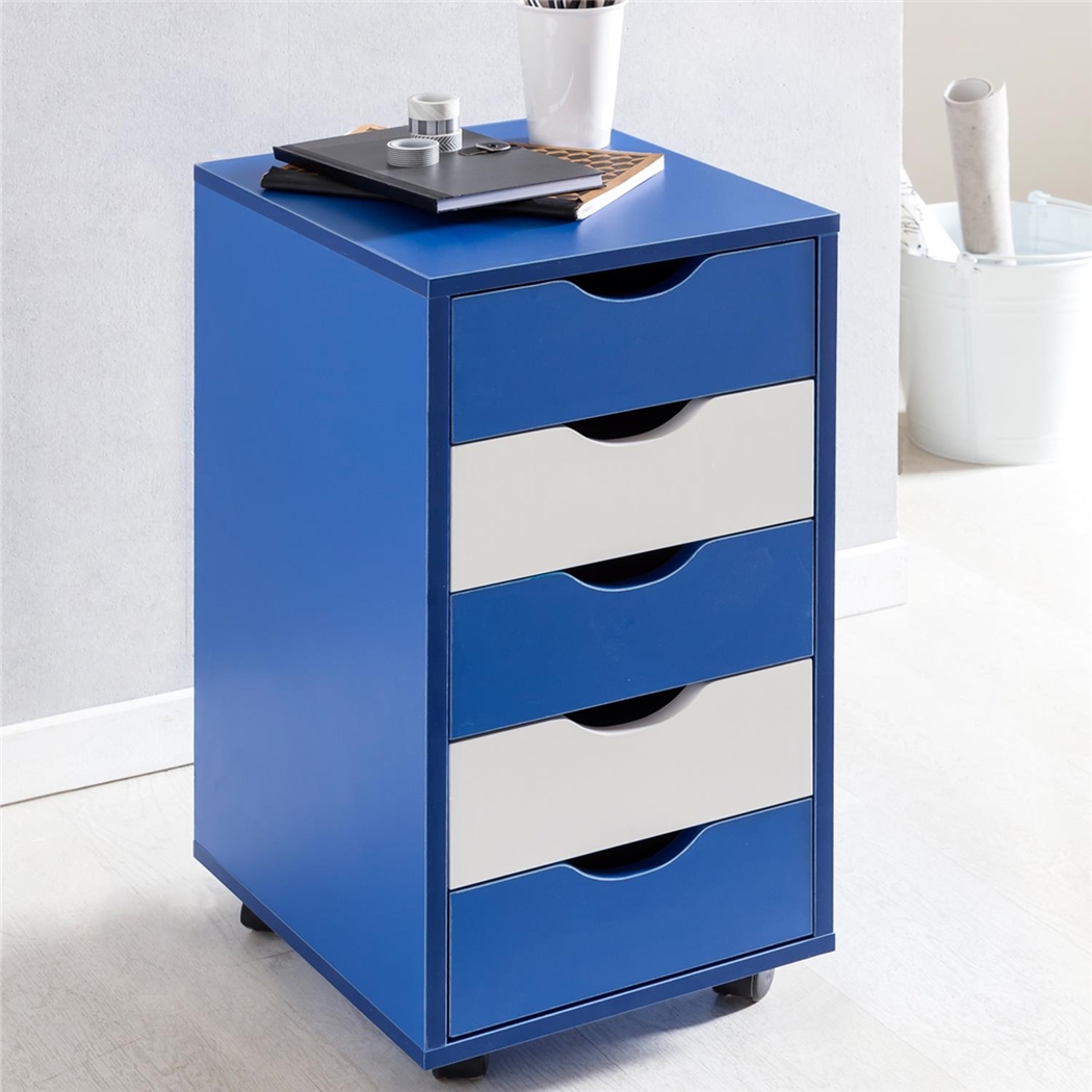 Archivador con Ruedas CLOVER, 5 Cajones, Dimensiones 33x38x68 cm, Color Azul y Blanco