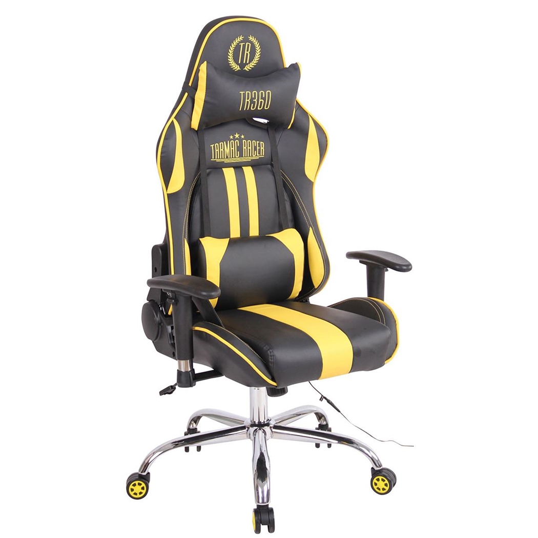 Silla Gaming INDY, Respaldo Reclinable, Función de Calor y Masajes, en Piel Negro/Amarillo