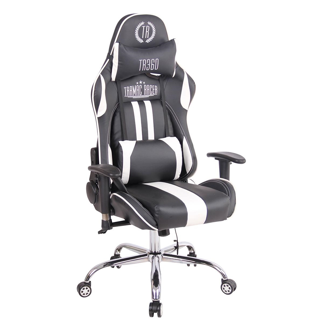 Silla Gaming INDY, Respaldo Reclinable, Función de Calor y Masajes, en Piel Negro/Blanco