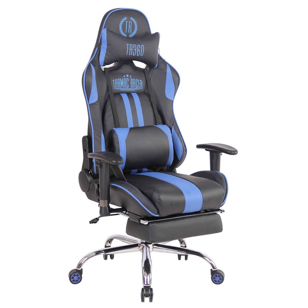 Silla Gaming LAUDA, Respaldo Reclinable, Reposapiés, Función de Calor y Masajes, en Piel Negro/Azul