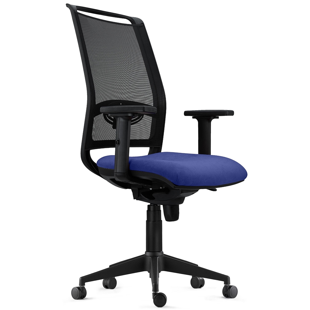 Silla Ergonómica NEPTUNO, Soporte Lumbar, Uso 8 Horas, en Malla Negra y Tela Azul Oscuro