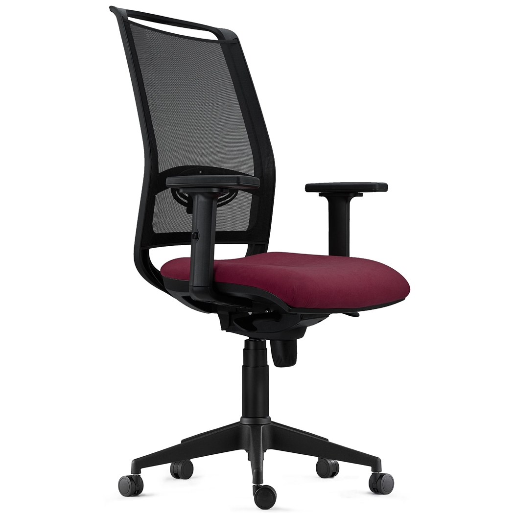 Silla Ergonómica NEPTUNO, Soporte Lumbar, Uso 8 Horas, en Malla Negra y Tela Burdeos