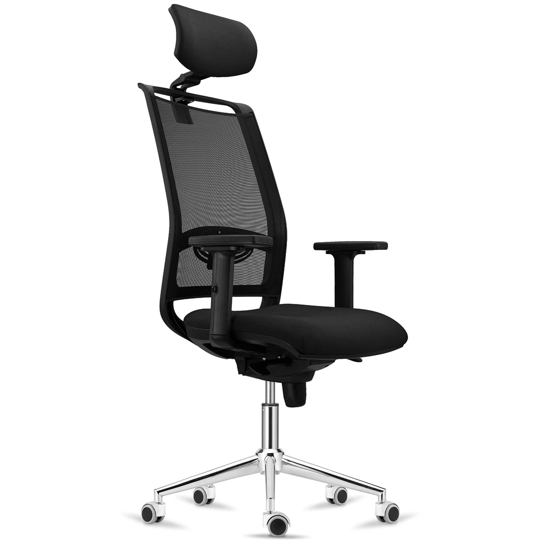 Silla Ergonómica NEPTUNO, Reposacabezas, Soporte Lumbar, Uso 8 Horas, Base Metálica, en Malla y Tela Negra