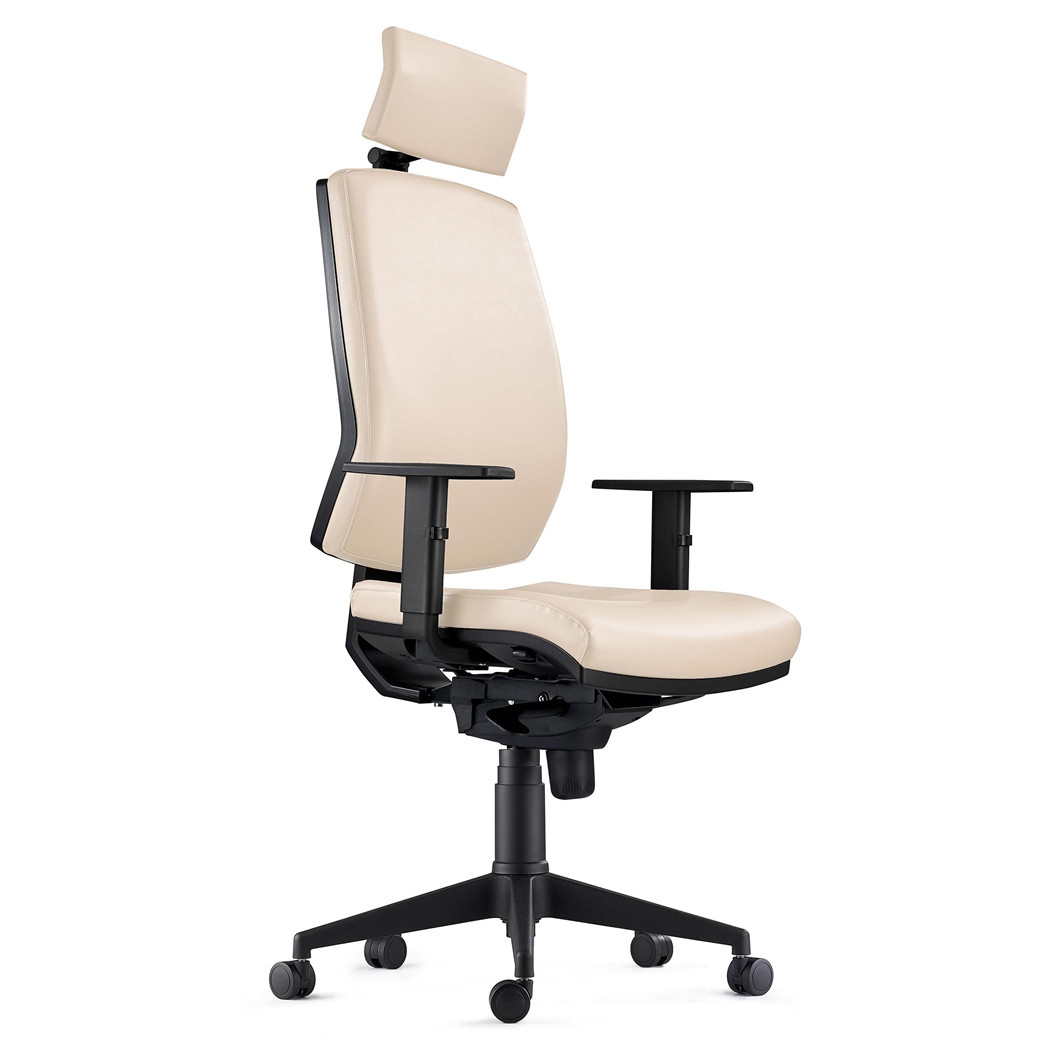DEMO# Silla Ergonómica OLIVER, Piel Crema, Reposacabezas, Uso 8 Horas, Grueso Acolchado