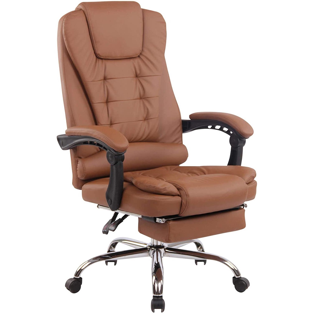 Sillón de Oficina JAMES, Grueso Acolchado, Reposapiés Extensible, en Piel Marrón Claro