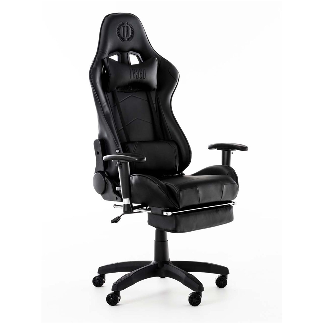 Silla Gaming TURBO con Reposapiés, Respaldo Reclinable, Cojines Lumbar y Cervical, En Piel Negro