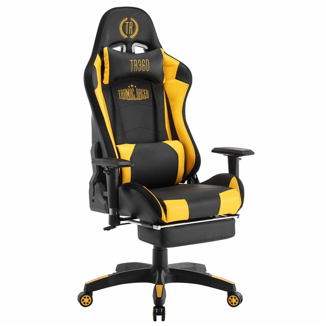 Silla Gaming TURBO LED PIEL, Respaldo Reclinable, Reposapiés, Cojines Lumbar y Cervical, en Negro/Amarillo