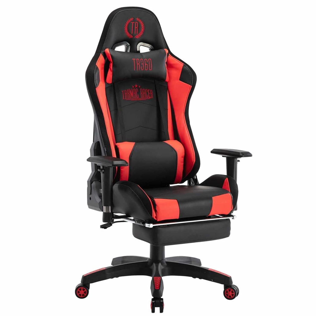 Silla Gaming TURBO LED PIEL, Respaldo Reclinable, Reposapiés, Cojines Lumbar y Cervical, en Negro/Rojo