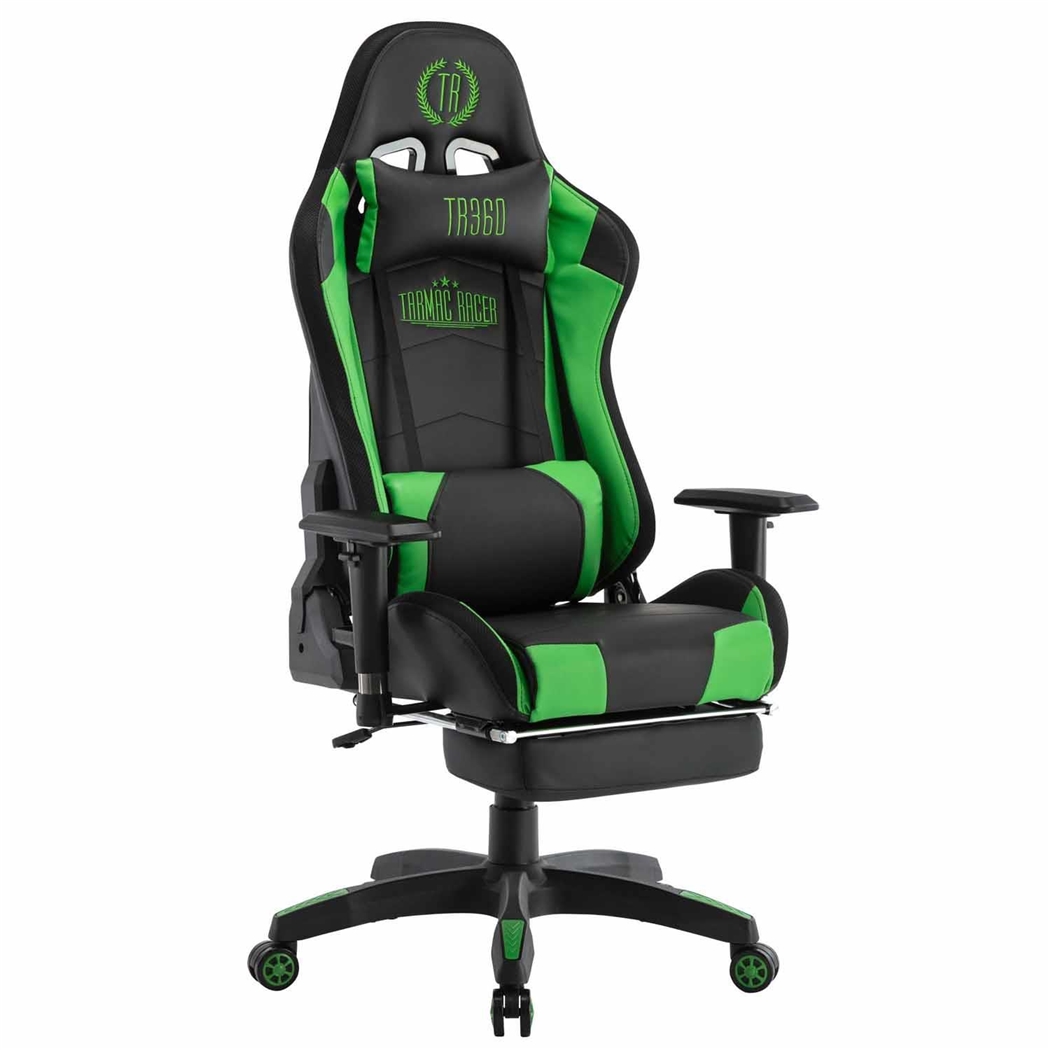 Silla Gaming TURBO LED PIEL, Respaldo Reclinable, Reposapiés, Cojines Lumbar y Cervical, en Negro/Verde