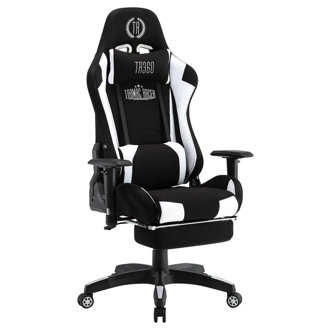 Silla Gaming TURBO LED TELA, Respaldo Reclinable, Reposapiés, Cojines Lumbar y Cervical, en Negro/Blanco
