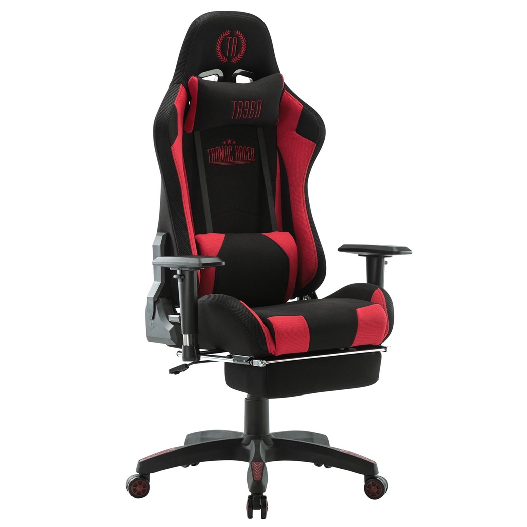 Silla Gaming TURBO LED TELA, Respaldo Reclinable, Reposapiés, Cojines Lumbar y Cervical, en Negro/Rojo