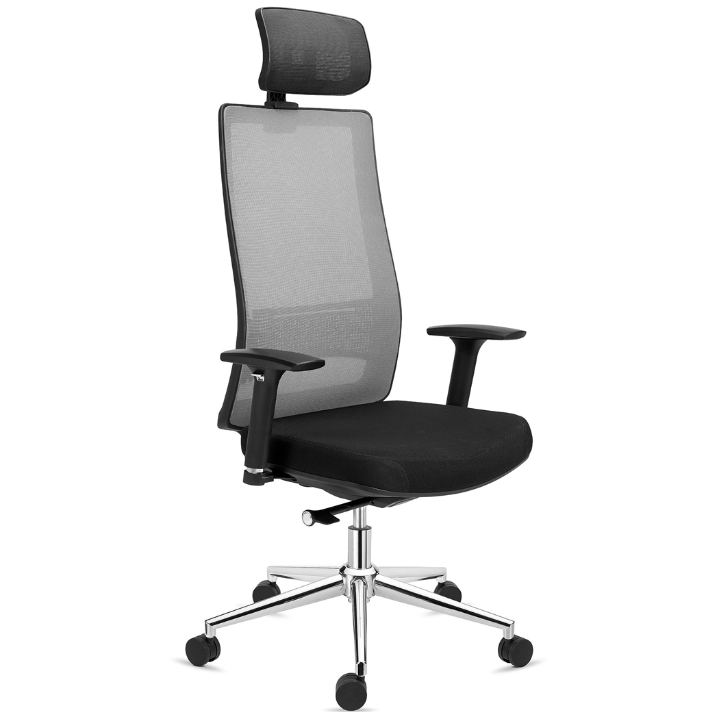 DEMO# Silla Ergonómica SANTOS, Reposacabezas, Uso Profesional 8h, En Gris