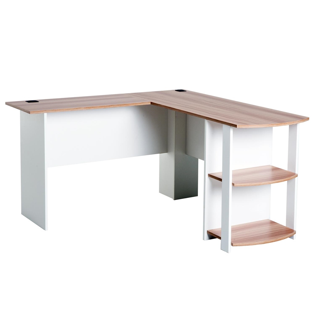 DEMO# Mesa de Oficina DAVEN, 136x130x72 cm, con Estantes, en Madera color Blanco y Nogal