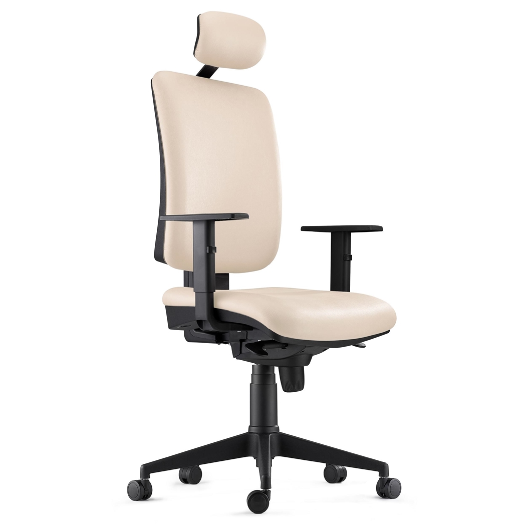 DEMO# Silla Ergonómica PIERO, en Piel color Crema, con Reposacabezas y Brazos Ajustables