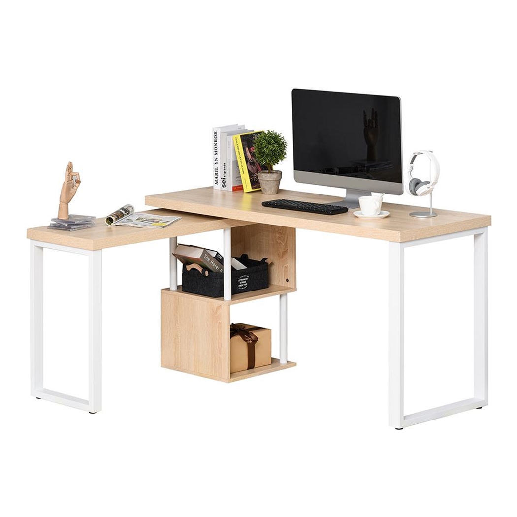 Mesa de Oficina BARTON, 220x55x76 cm, Giratoria, con Estantes, en Metal Blanco y Madera color Roble