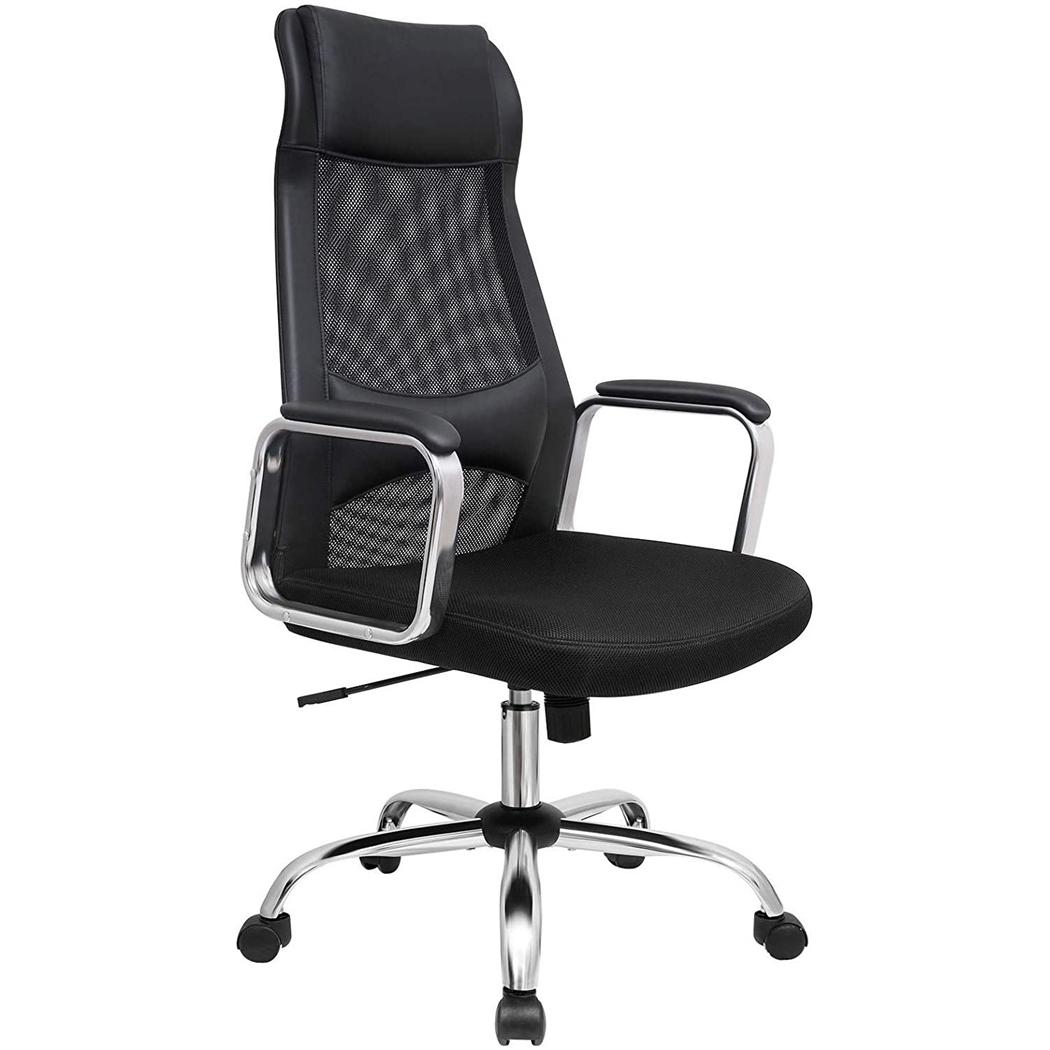 Silla de Oficina TINO, Reposacabezas Acolchado, Base Metálica, en Piel y Malla Transpirable, color Negro