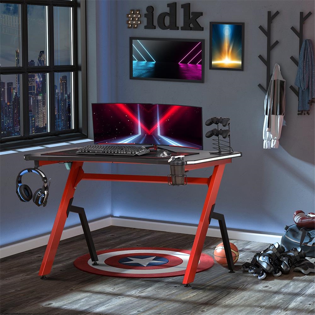 Mesa Gaming ALEXIS LED, 120x66x76 cm, Máxima Resistencia, color Negro y Rojo