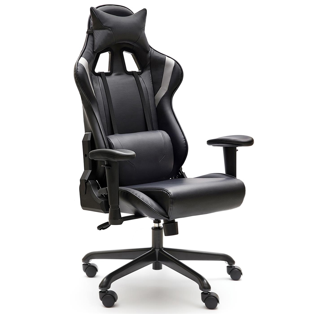 Silla Gaming ORION, Respaldo Reclinable hasta 160º, con Cojines Lumbar y Cervical, en Piel Negra y Gris