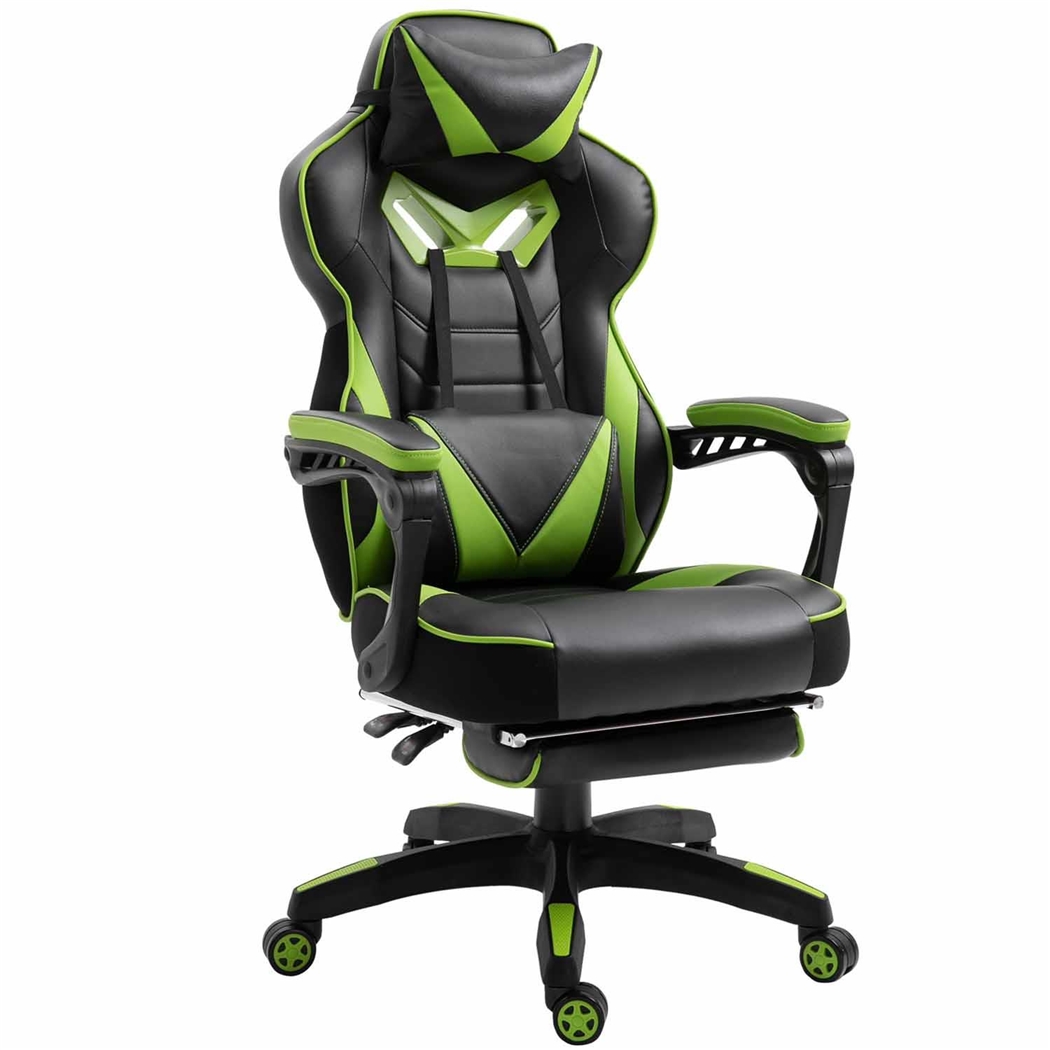 Silla Gaming TRONE con Reposapiés, Reclinable, Cojines Lumbar y Cervical, en Piel color Negro/Verde