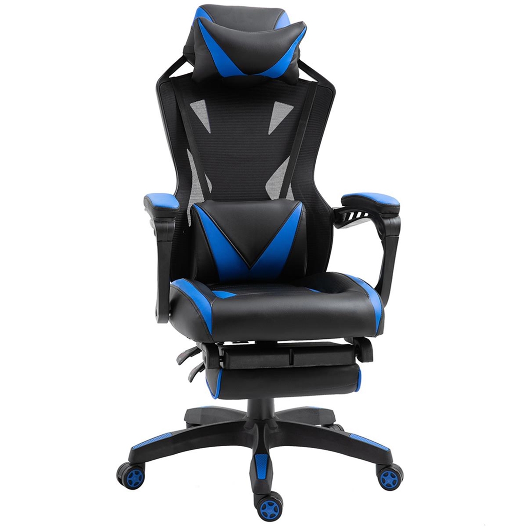 Silla Gaming BLUR, con Reposapiés, Reclinable, Cojines Lumbar y Cervical, en Piel y Malla color Negro/Azul