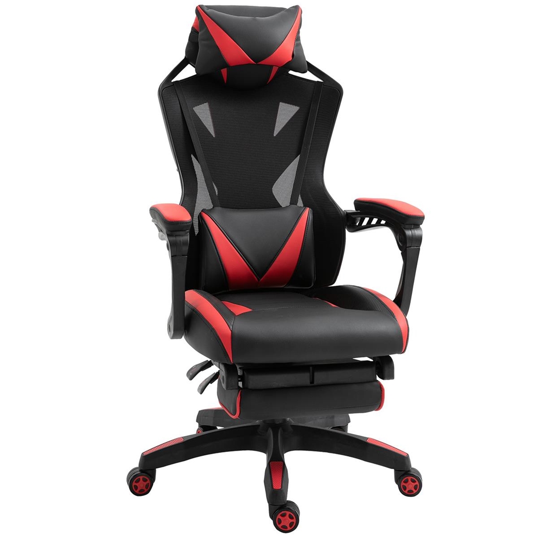 Silla Gaming BLUR, con Reposapiés, Reclinable, Cojines Lumbar y Cervical, en Piel y Malla color Negro/Rojo