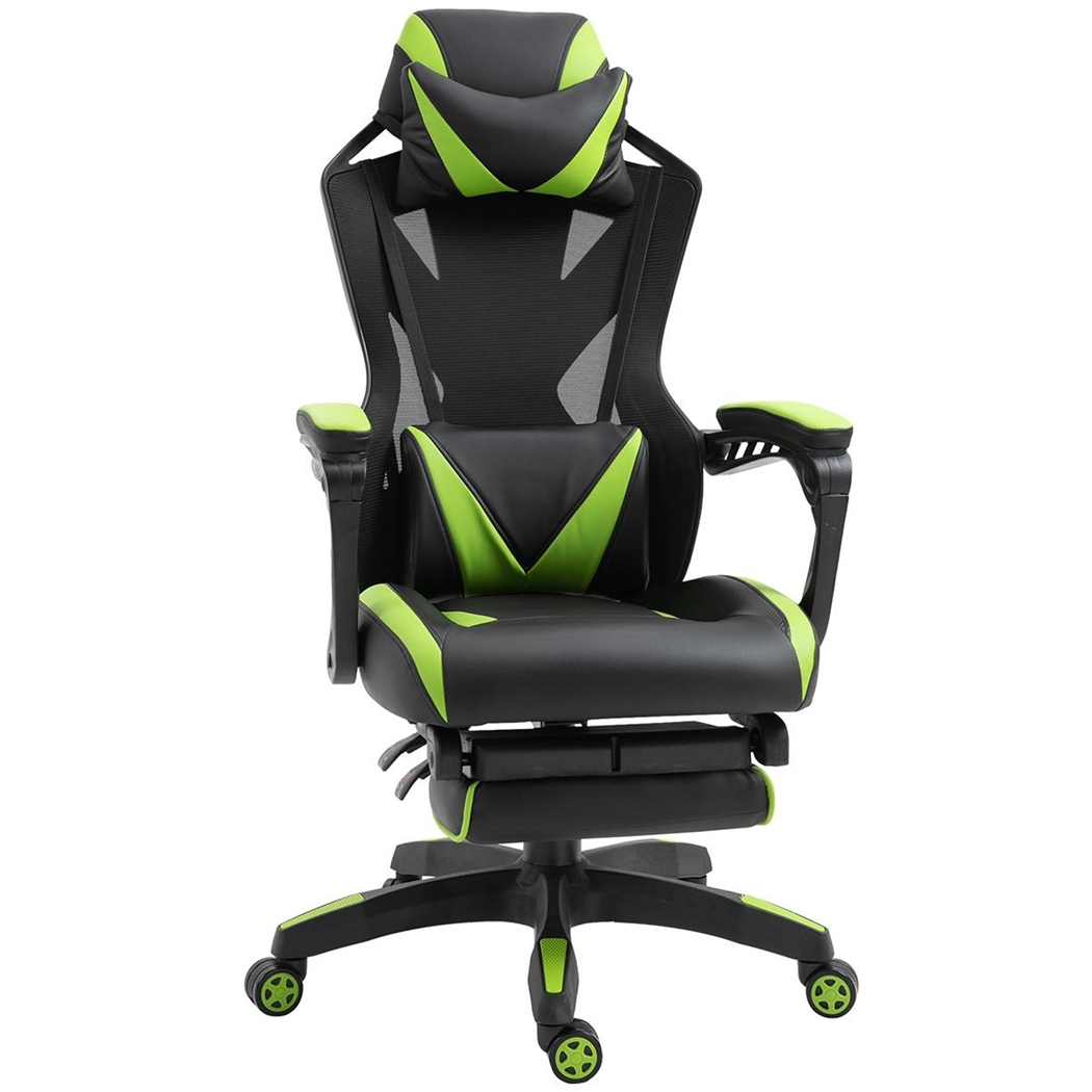 Silla Gaming BLUR, con Reposapiés, Reclinable, Cojines Lumbar y Cervical, en Piel y Malla color Negro/Verde