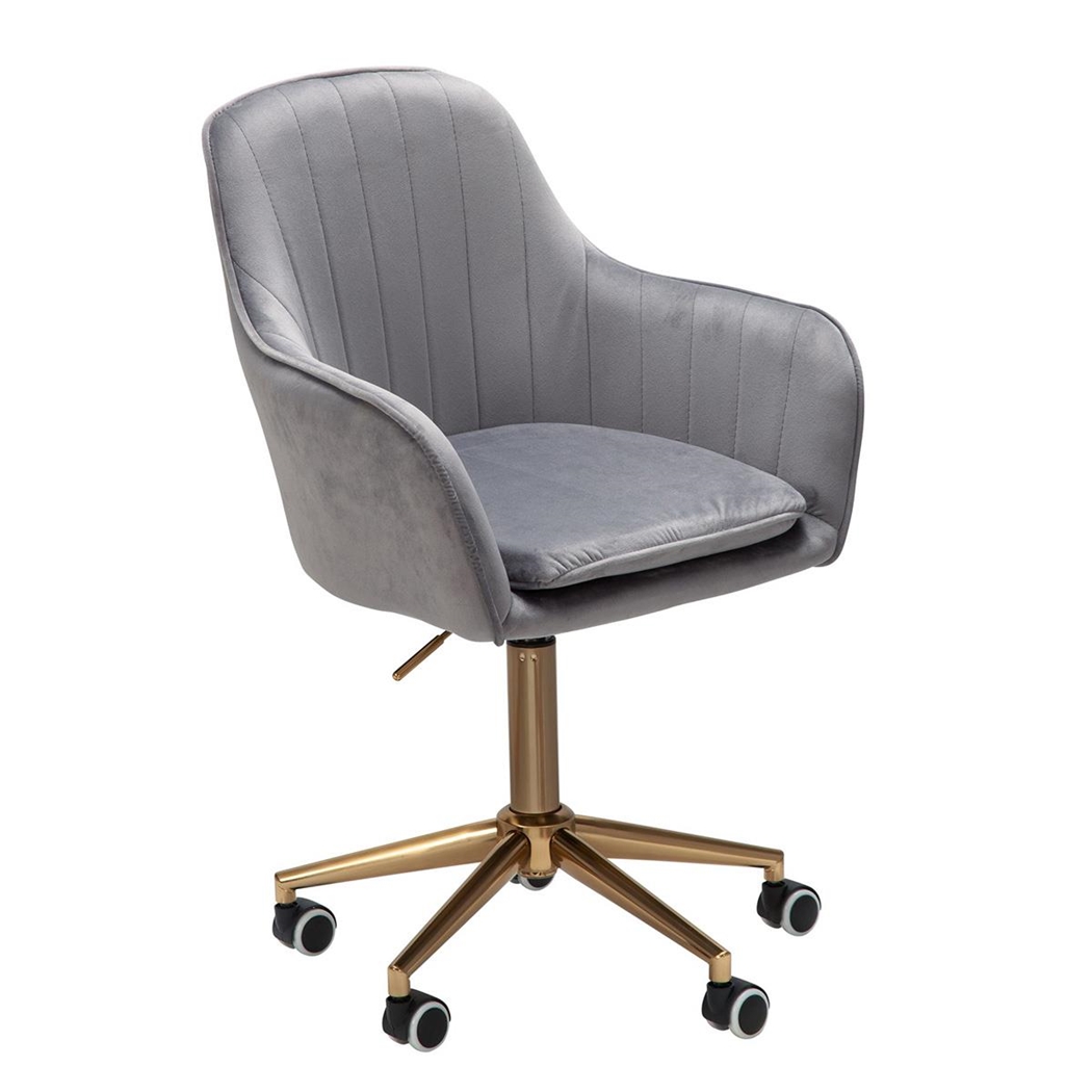 Silla de Oficina DAMA, Exclusivo Diseño, Base Metálica Dorada, en Terciopelo color Gris