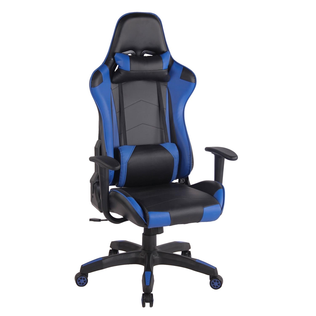 Silla Gaming DARIUS con Reposapiés, Respaldo Reclinable, con Cojines, en Piel Negro/Azul