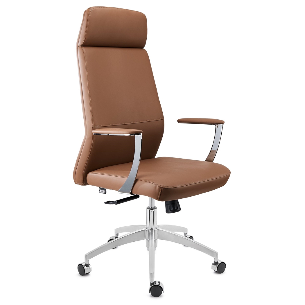 DEMO# Sillón de Oficina NOVAK, Brazos de Diseño, Base Aluminio, Muy Cómodo y de Calidad, Piel Marrón