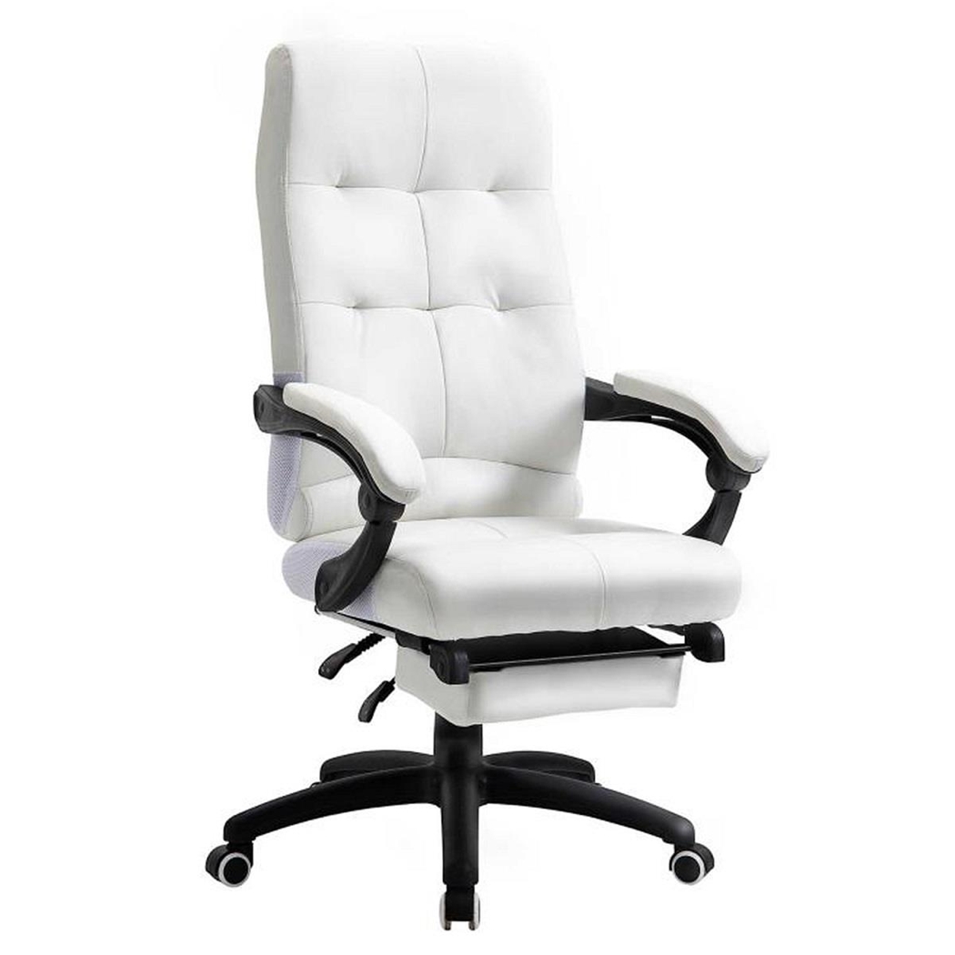 Sillón de Oficina LEONARDO, Gran Acolchado, Reposapiés, en Piel Color Blanco