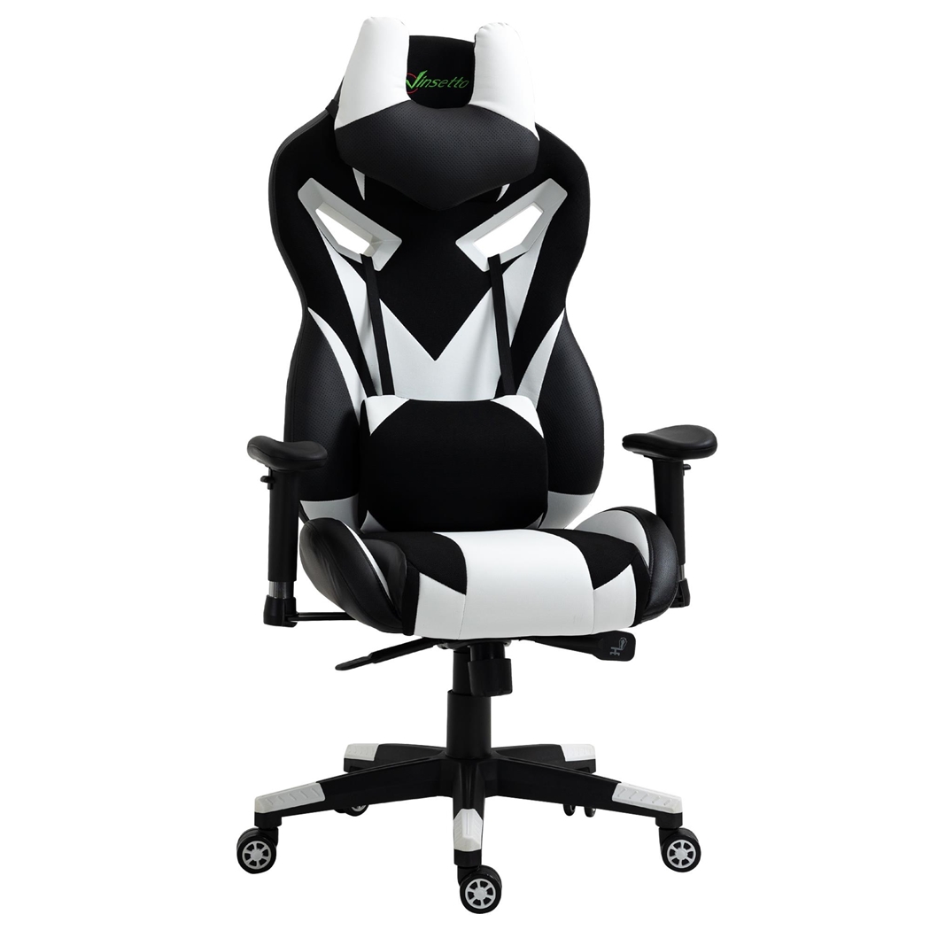 Silla Gaming URUS, Reclinable, Cojines Lumbar y Cervical, en Tela y Piel, Negra y Blanco
