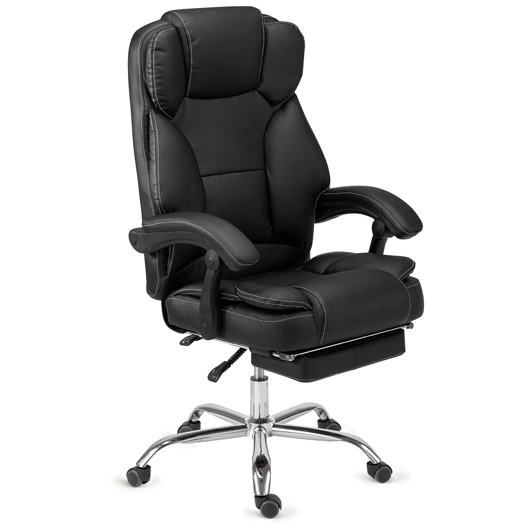 Sillón de Oficina LINCON, Muy Cómodo y Ergonómico, Reposapiés Extensible, Piel Negra