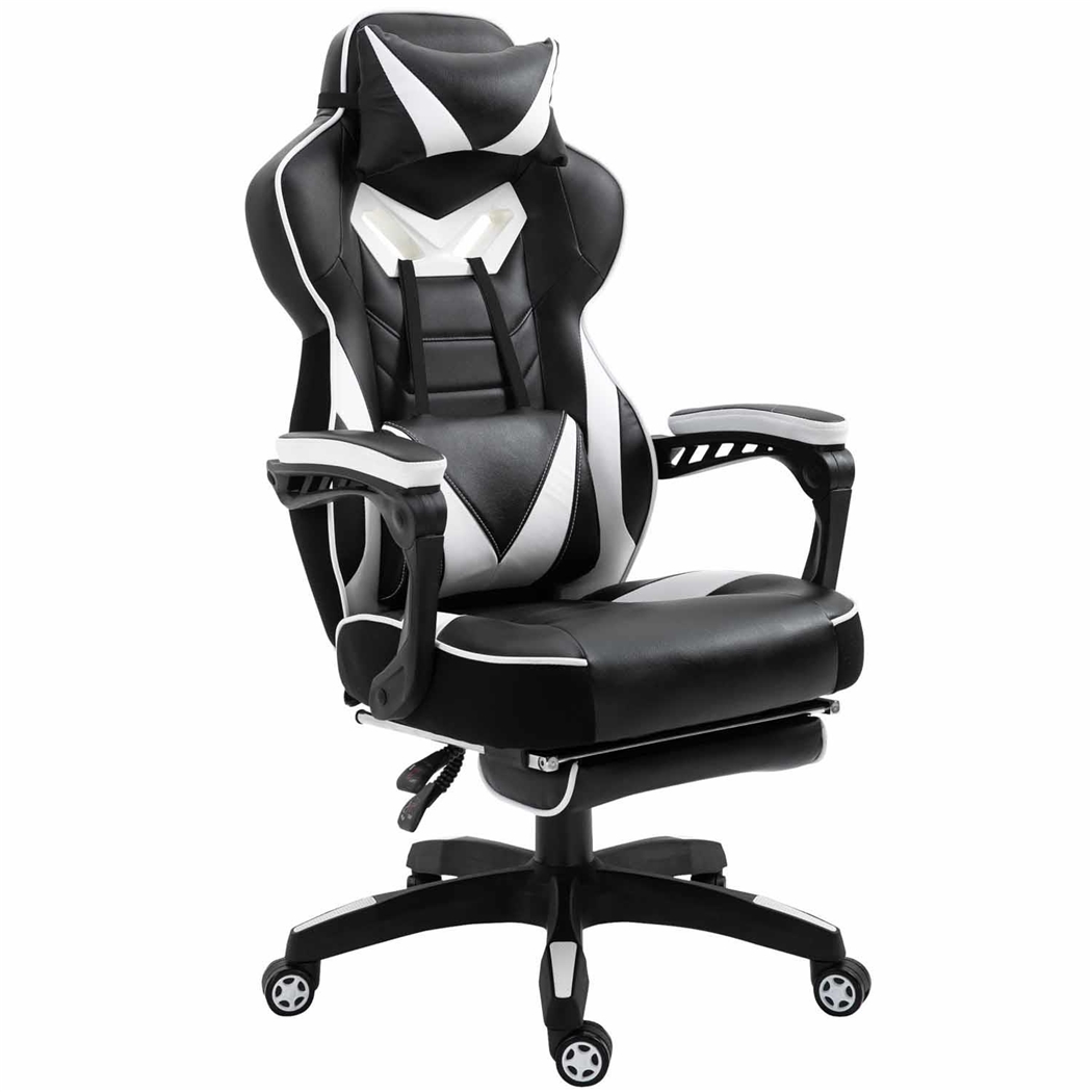 DEMO# Silla Gaming TRONE con Reposapiés, Reclinable, Cojines Lumbar y Cervical, en Piel color Negro/Blanco