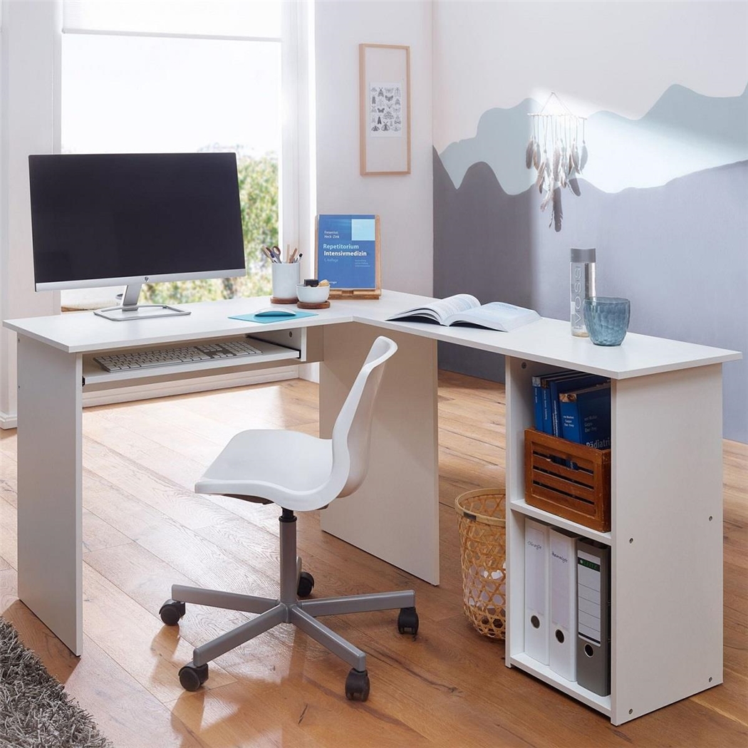 Mesa de Oficina OLONG, 140x120x75 cm, con Estantes, en Madera color Blanco