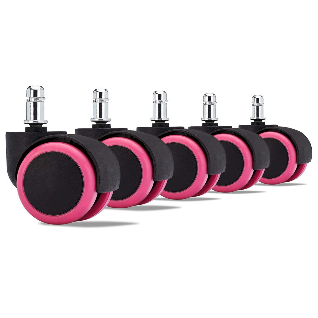 5x Ruedas Sillas Oficina 11x50mm, Recubrimiento Goma, Protegen Suelo, Color Rosa