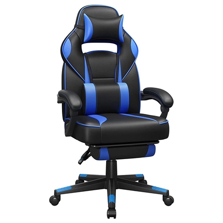 Silla Gaming ROBIN con Reposapiés, Cojines Lumbar y Cervical, en Piel Negra y Azul