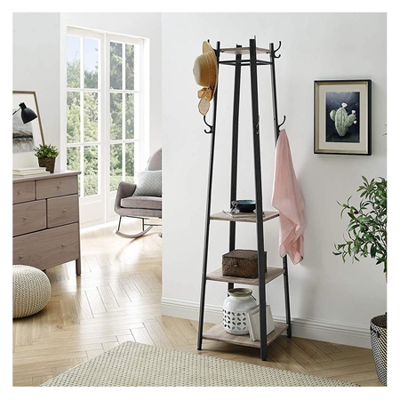 Perchero LOLA, 43x43x180 cm, con Estantes, 8 Ganchos, en Metal y Madera color Negro y Gris
