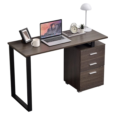 Mesa para Ordenador PERTH, Dimensiones 120x50x75 cm, con Cajones, en Metal y Madera color Marrón Oscuro