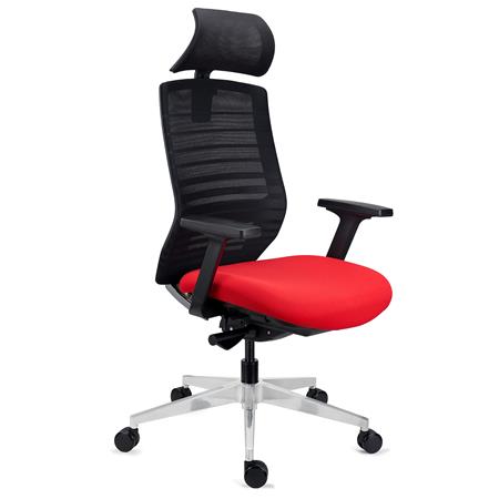 DEMO# Silla Ergonómica TAURUS, Reposacabezas, Soporte Lumbar, Base Metálica Cromada, Uso 8h, en Malla Roja