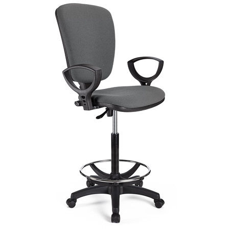 DEMO# Taburete de Trabajo CALIPSO, Respaldo Ajustable, Gran Acolchado, En Tela Gris