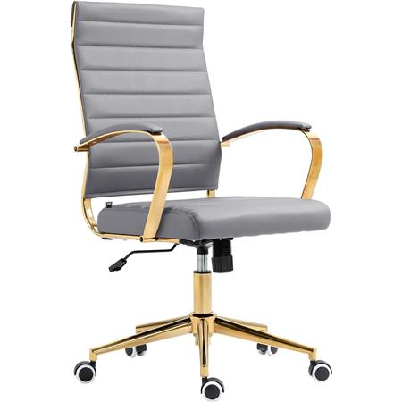 Silla de Oficina KENNETH, Diseño Elegante, Estructura Metálica Dorada, en Piel color Gris
