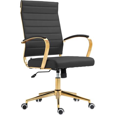 Silla de Oficina KENNETH, Diseño Elegante, Estructura Metálica Dorada, en Piel color Negro