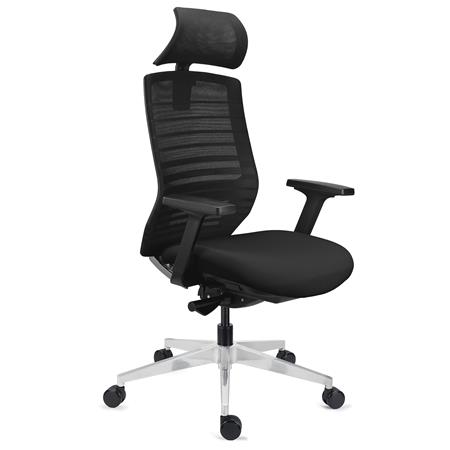 DEMO# Silla Ergonómica TAURUS, Reposacabezas, Soporte Lumbar, Base Metálica Cromada, Uso 8h, en Malla Negra