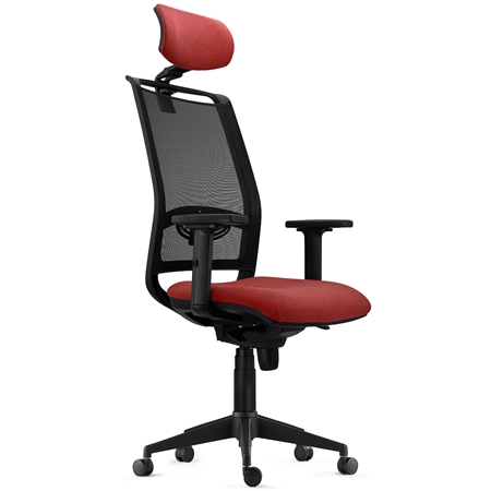 DEMO# Silla Ergonómica NEPTUNO, Reposacabezas, Soporte Lumbar, Uso 8 Horas, en Malla Negra y Tela Roja
