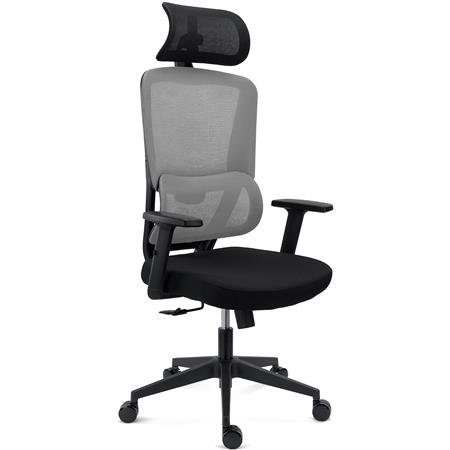 Silla Ergonómica SUPRA, Reposacabezas, Soporte Lumbar Adaptable, Uso 8H, Tela y Malla, Gris