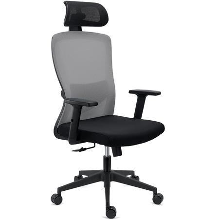 Silla de Oficina NOTE PRO, Reposacabezas, Soporte Lumbar Ajustable, Confort 8H, Tela y Malla Gris