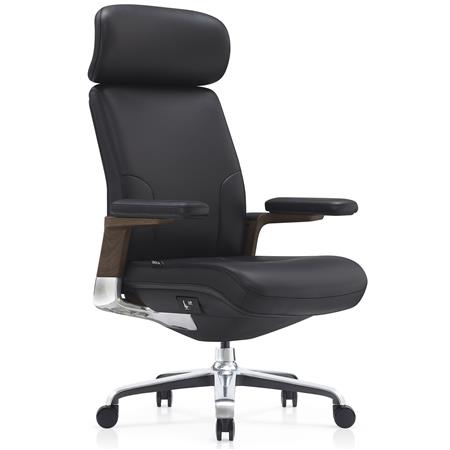 DEMO# Sillón de Oficina SOPRANO, Inserciones Madera, Lujo y Exclusividad, 100% Cuero Auténtico, Negro