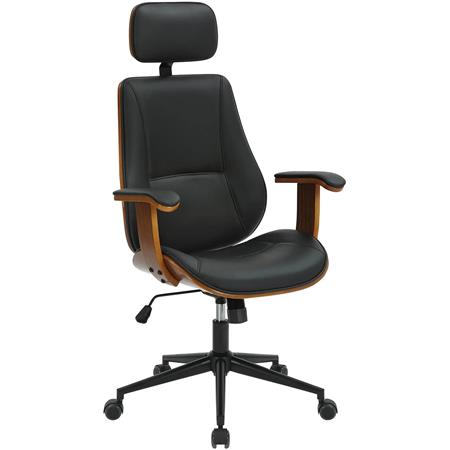 Silla de Oficina TUFI, Gran Acolchado, Elegante Diseño en Madera Nogal y Piel color Negro